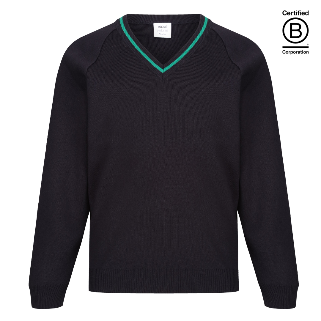 V Neck school jumper light navy with emerald green stripe trim
