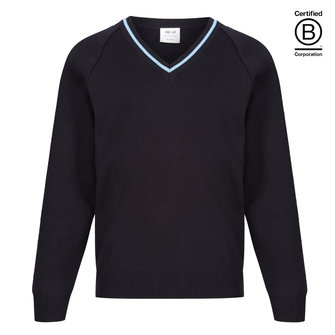 V Neck school jumper light navy with sky blue stripe trim