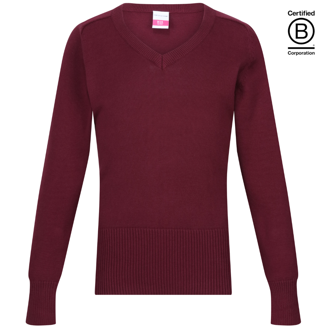 Maroon school jumper girls Plain Performa cotton v-neck sustainable school pullover