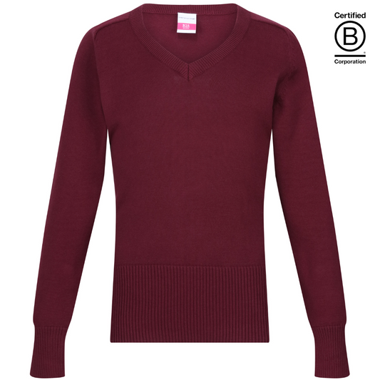 Maroon school jumper girls Plain Performa cotton v-neck sustainable school pullover