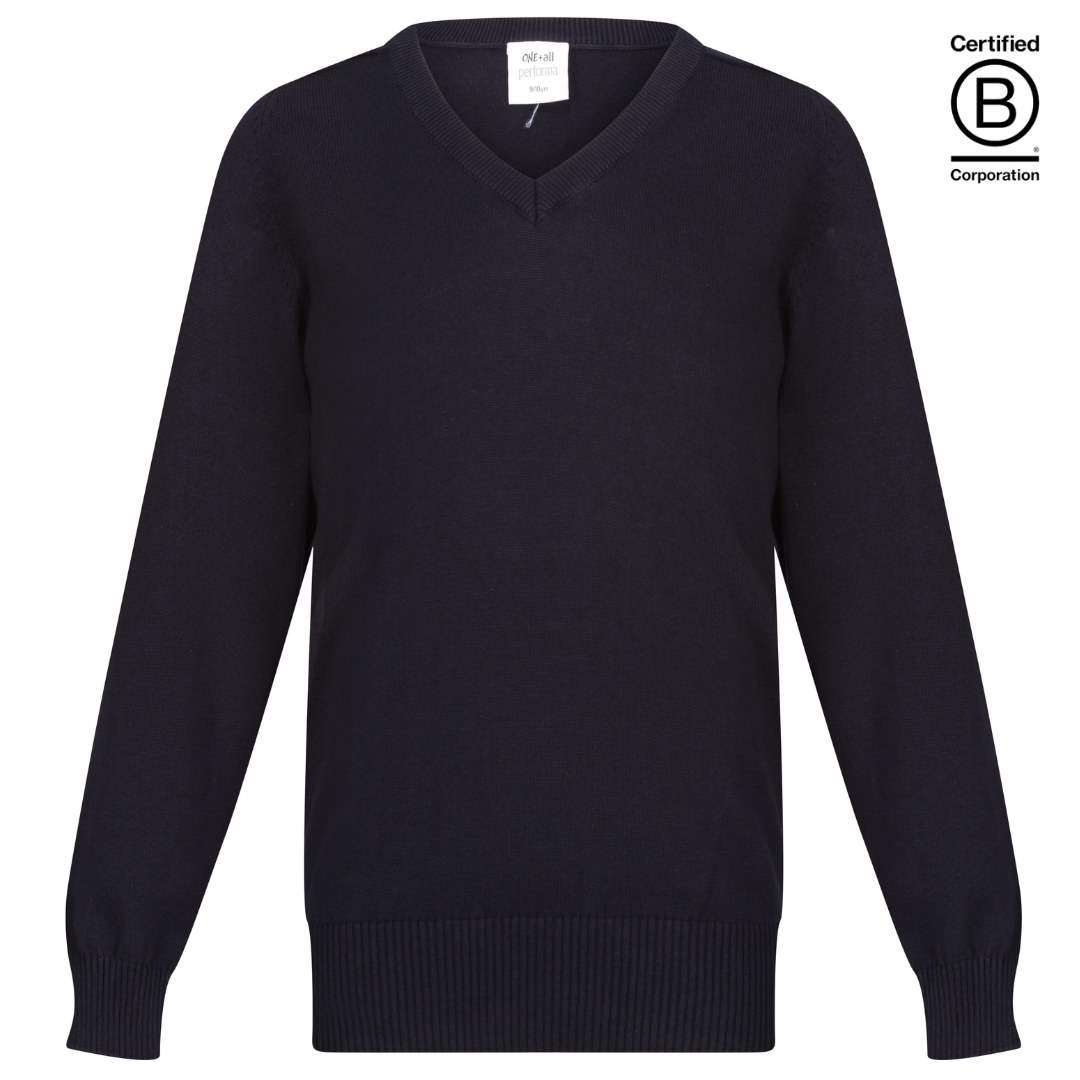 navy school jumper Boys unisex gender neutral Plain Performa cotton v-neck sustainable school pullover