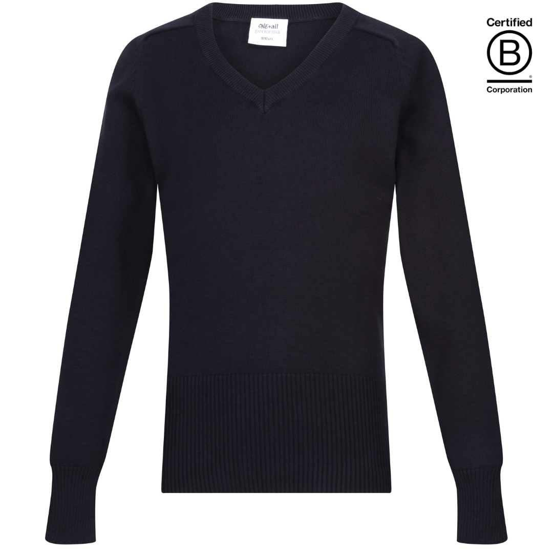 Navy school jumper girls Plain Performa cotton v-neck sustainable school pullover