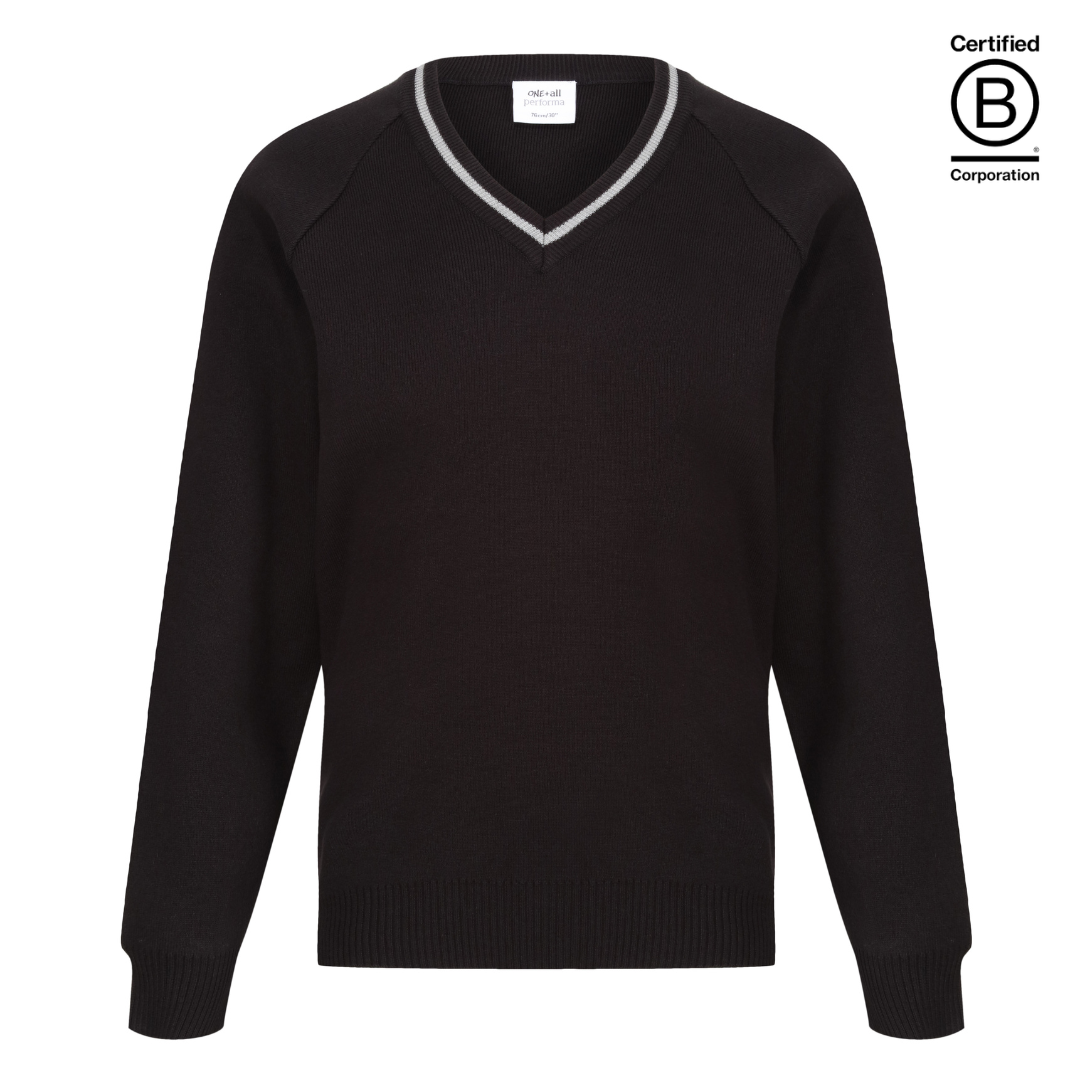 Performa 50 V Neck school jumper black with grey stripe trim