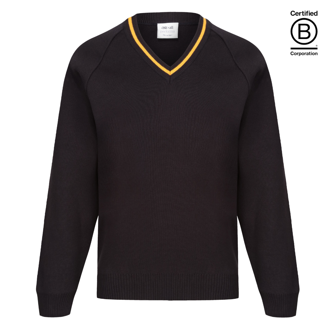 Performa 50 V Neck school jumper black with marigold amber yellow stripe trim