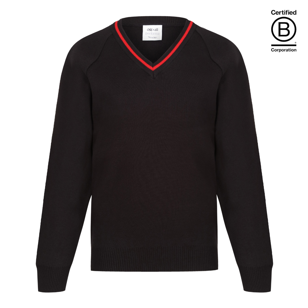 Performa 50 V Neck school jumper black with red stripe trim