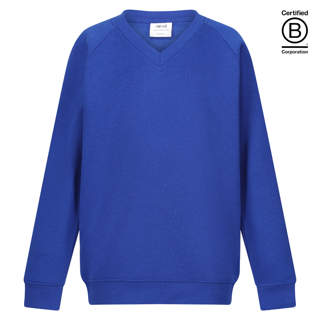 plain royal blue v-neck school jumper sweatshirts B Corp Certified sustainable ethically produced school uniform