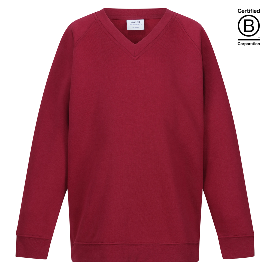 plain wine burgundy v-neck school jumper sweatshirts B Corp Certified sustainable ethically produced school uniform