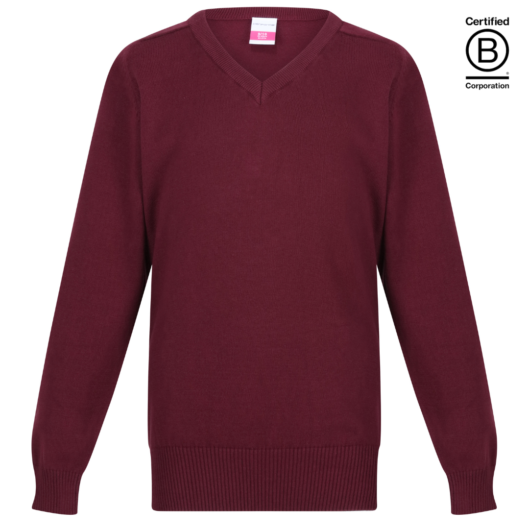 maroon school jumper Boys unisex gender neutral Plain Performa cotton v-neck sustainable school pullover