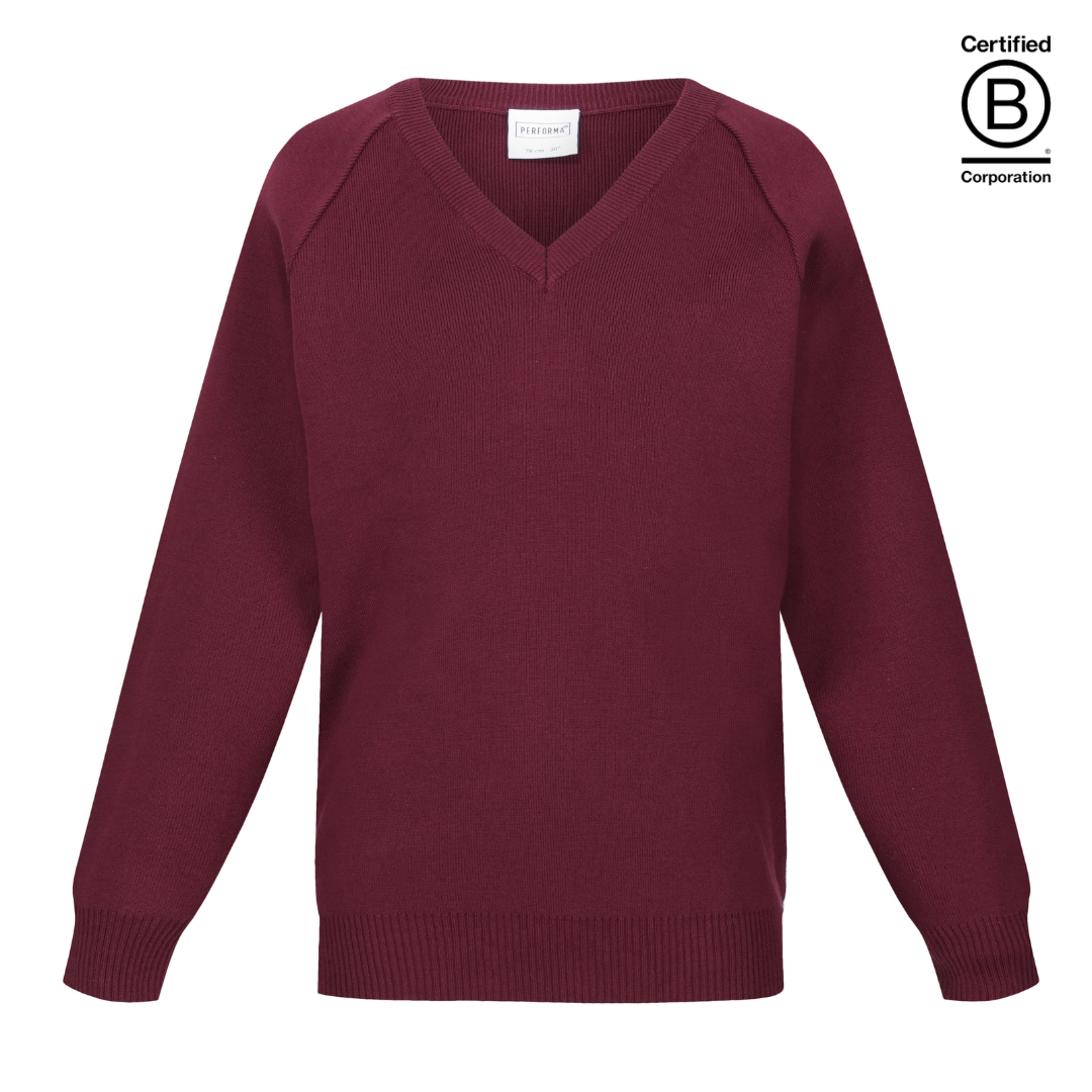 Maroon Performa 50 plain v-neck sustainable unisex gender neutral school jumper pullover - ethical school uniform