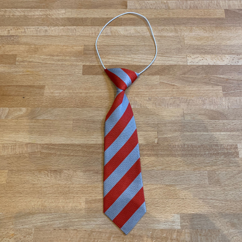 red and grey wide stripe recycled sustainable eco school tie with elastic