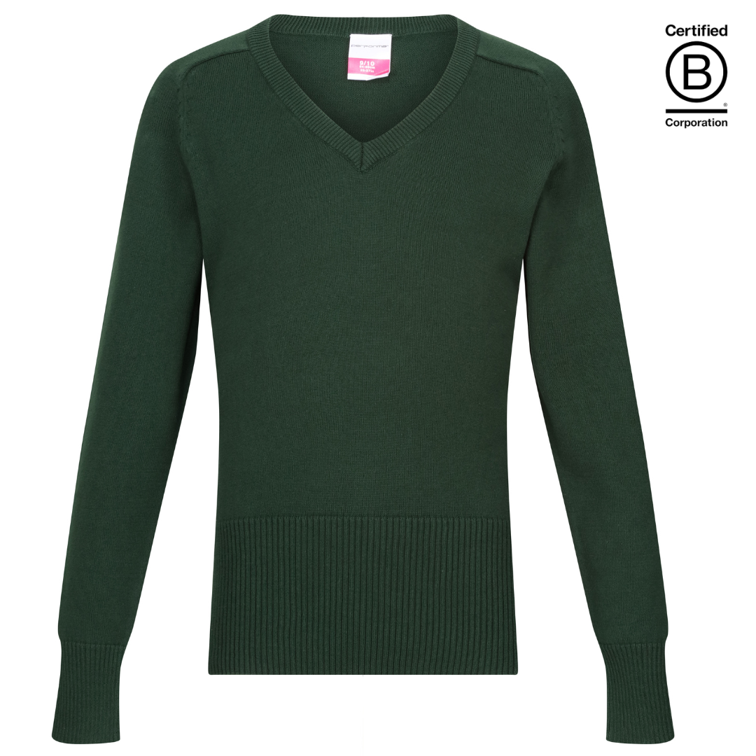 Bottle green school jumper girls Plain Performa cotton v-neck sustainable school pullover