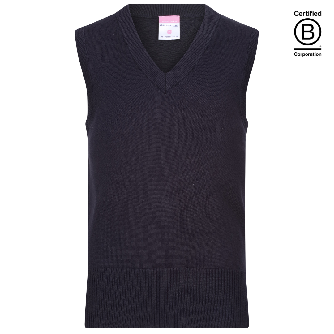 Girls plain navy Performa 100% Cotton sustainable school Slipover school tank top - ethical school uniform