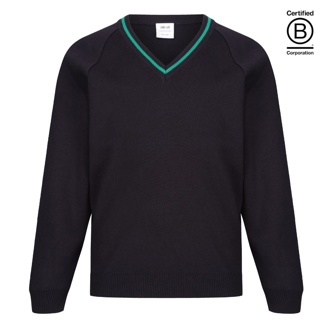 V Neck school jumper light navy with emerald green stripe trim - ethical school uniform