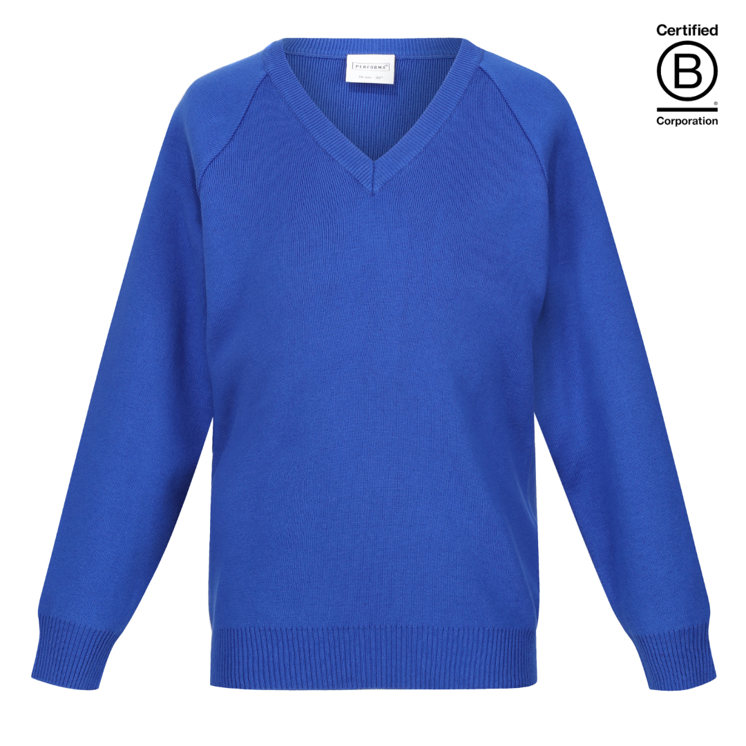 Light royal blue Performa 50 plain v-neck sustainable unisex gender neutral school jumper pullover - ethical school uniform