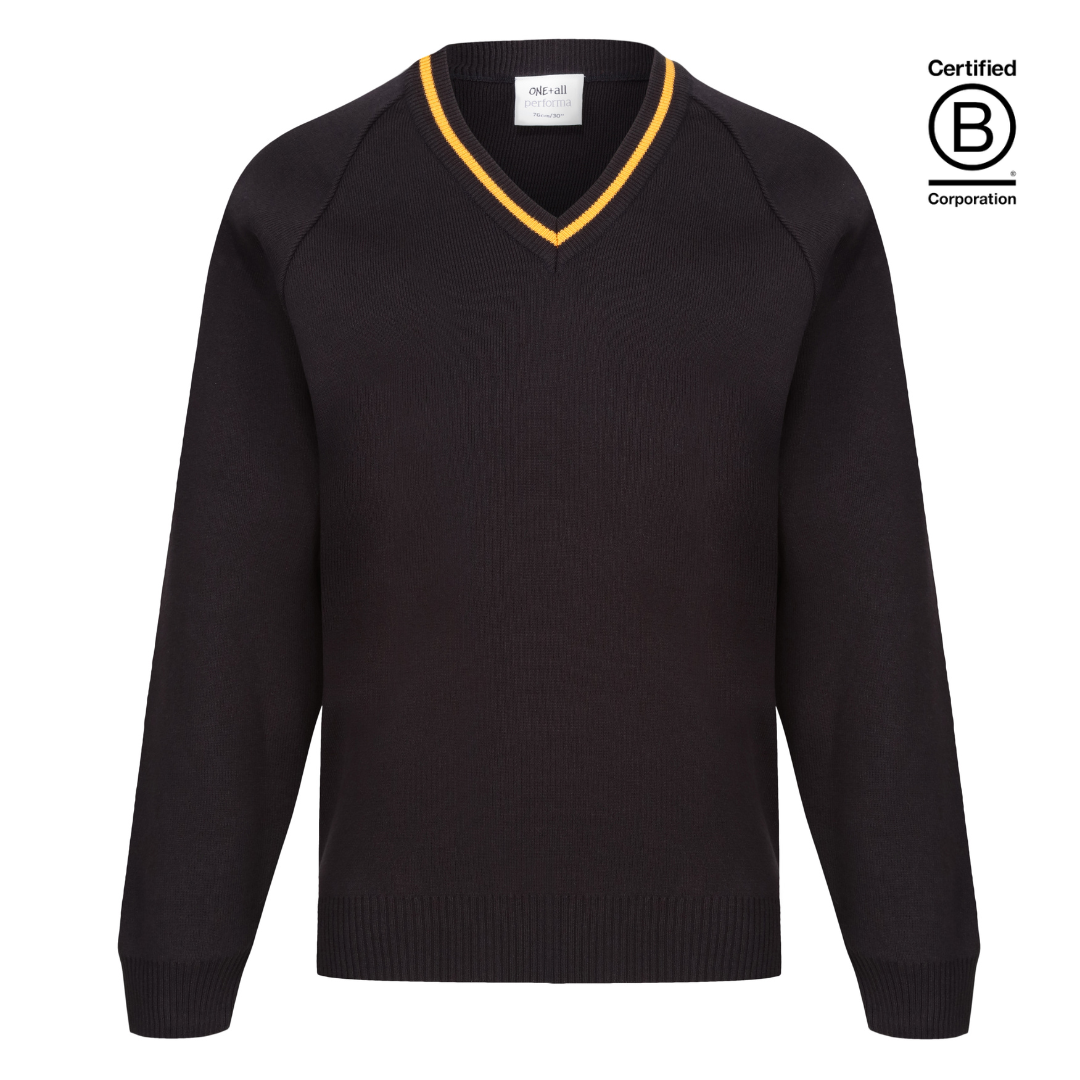 Navy v-neck school jumper with yellow gold stripe trim