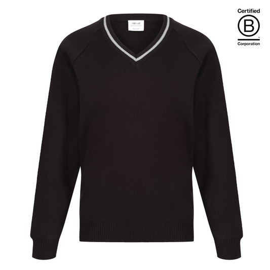 Performa 50 V Neck school jumper black with grey stripe trim 