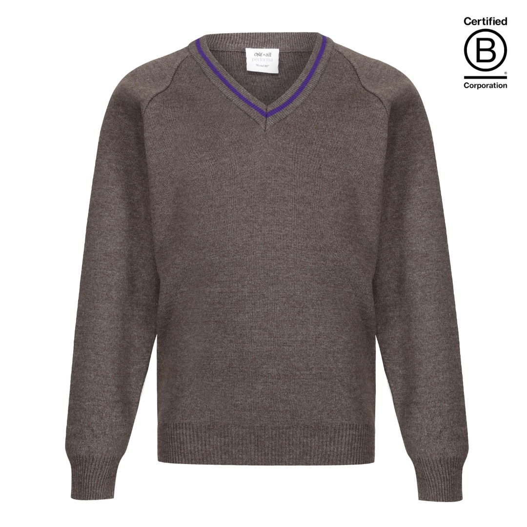 Performa 50 V Neck school jumper grey with purple stripe trim 
