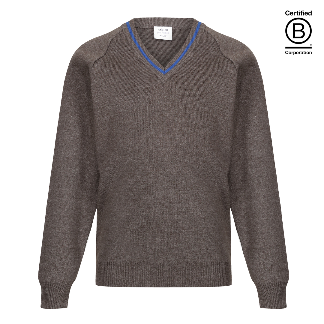 Performa 50 V Neck school jumper grey with royal blue stripe trim 