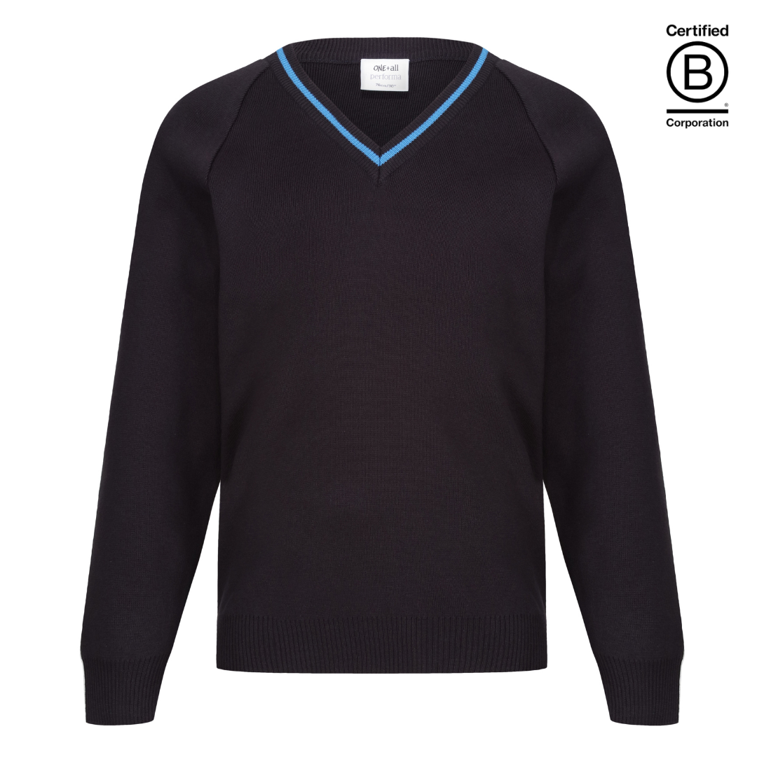 Performa 50 V Neck school jumper navy with bright blue stripe trim 