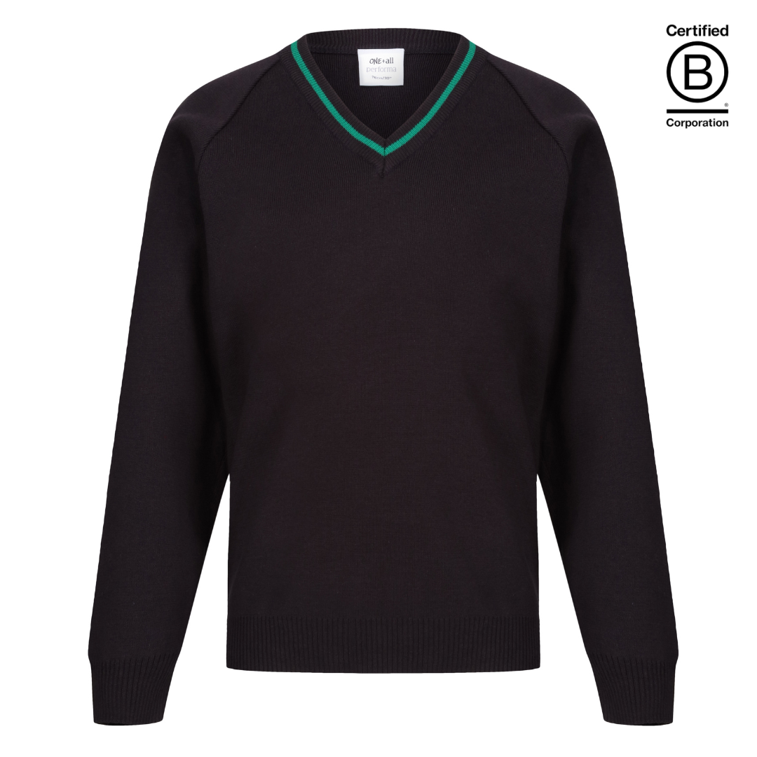 Performa 50 V Neck school jumper navy with emerald green stripe trim 