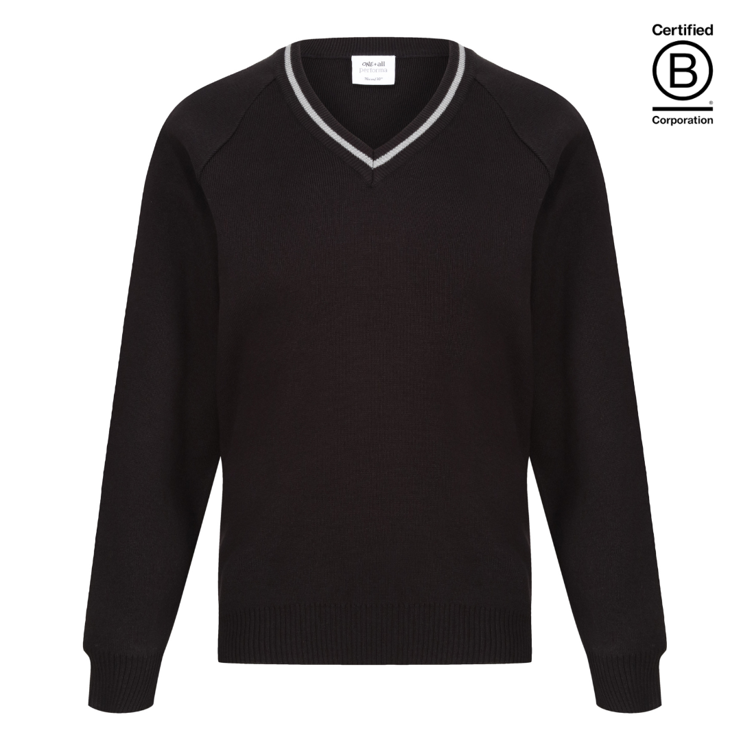Performa 50 V Neck school jumper pullover black with grey stripe trim - ethical school uniform