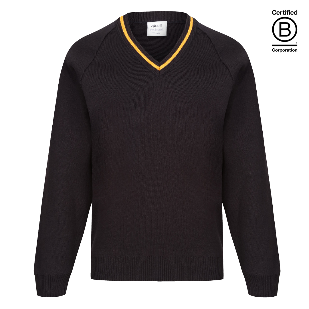 Performa 50 V Neck school jumper pullover black with marigold amber yellow stripe trim - ethical school uniform