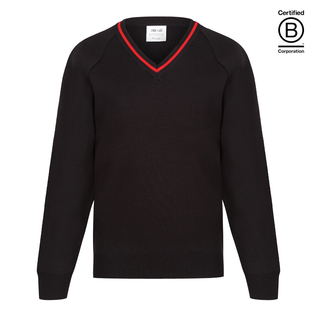 Performa 50 V Neck school jumper pullover black with red stripe trim - ethical school uniform
