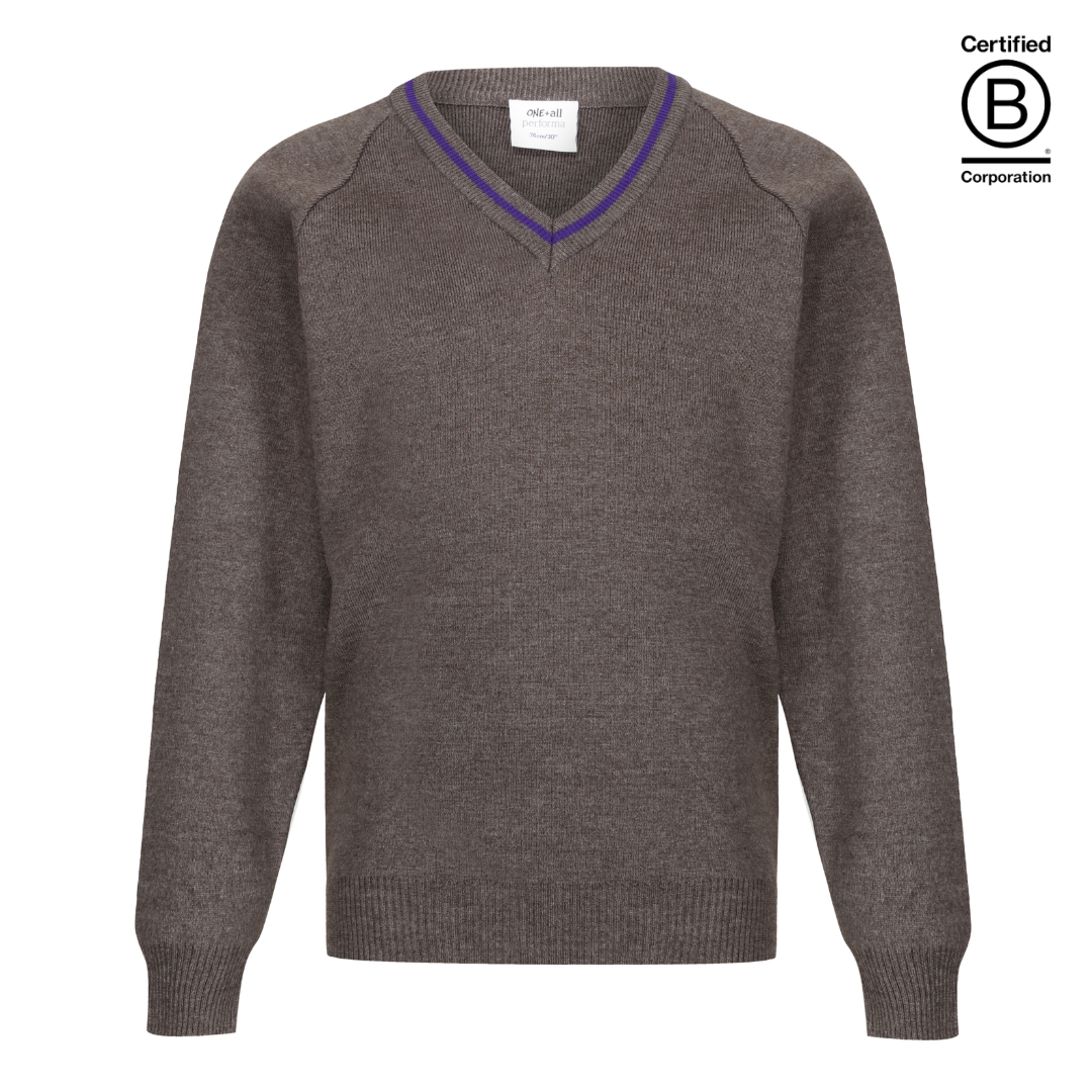 Performa 50 V Neck school jumper pullover grey with purple stripe trim - ethical school uniform