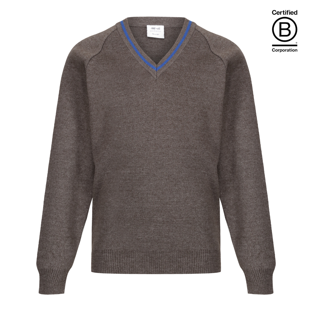 Performa 50 V Neck school jumper pullover grey with royal blue stripe trim - ethical school uniform