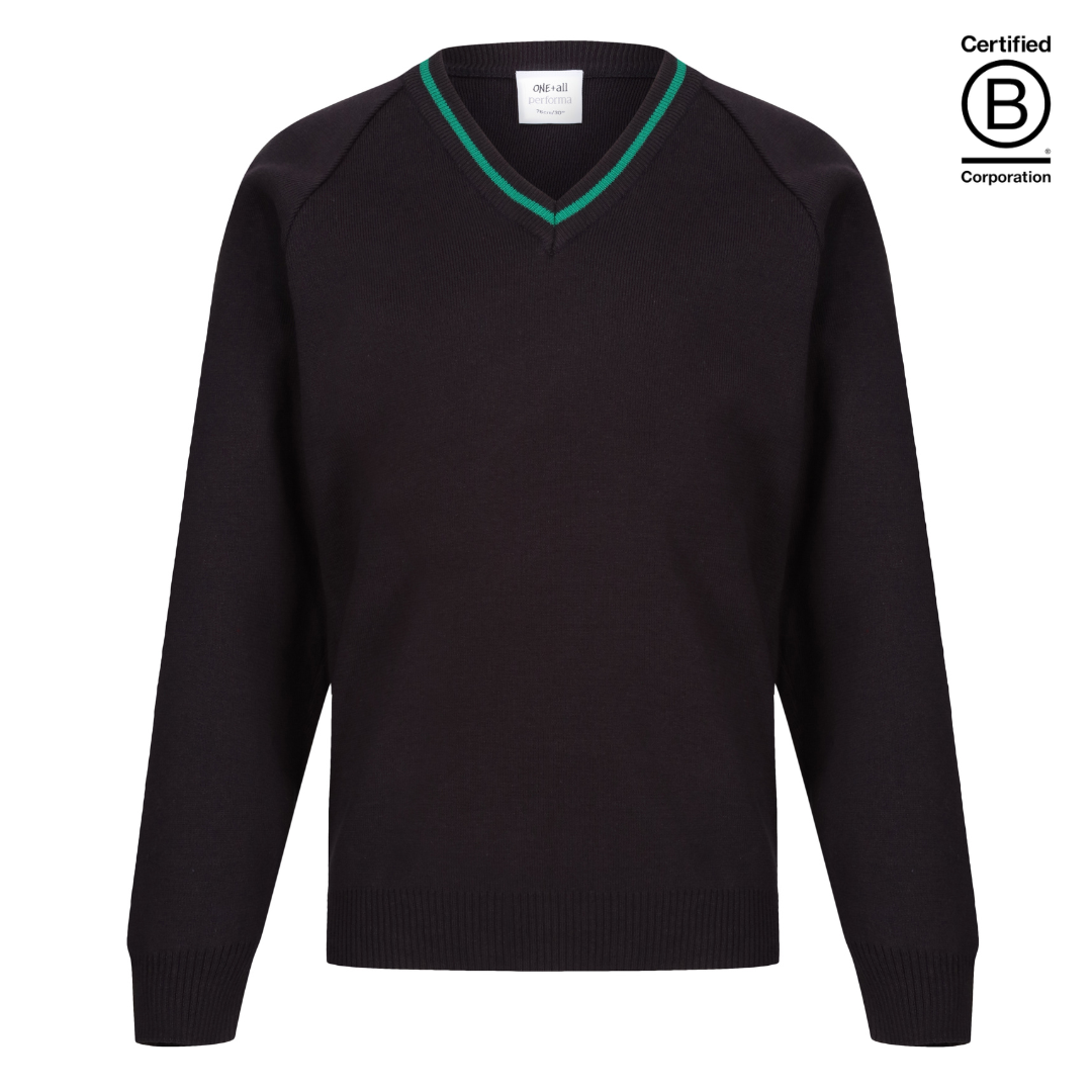 Performa 50 V Neck school jumper pullover navy with emerald green stripe trim - ethical school uniform