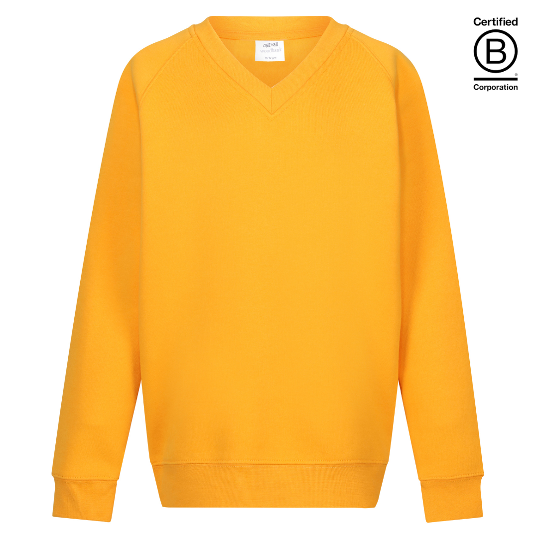 plain amber yellow v-neck school jumper sweatshirts B Corp Certified sustainable ethically produced school uniform