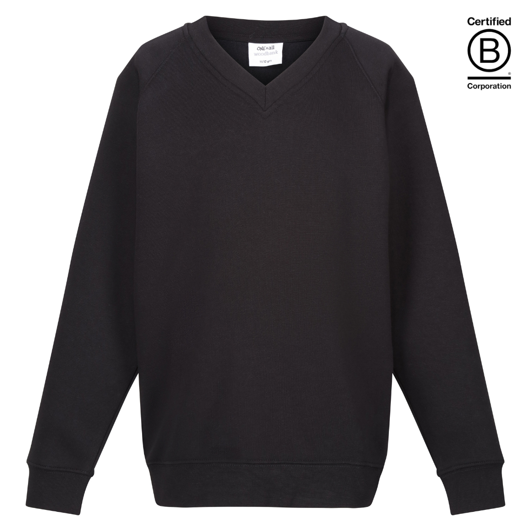 plain black v-neck school jumper sweatshirts B Corp Certified sustainable ethically produced school uniform