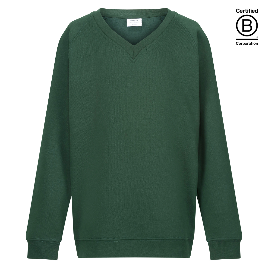 plain bottle green v-neck school jumper sweatshirts B Corp Certified sustainable ethically produced school uniform