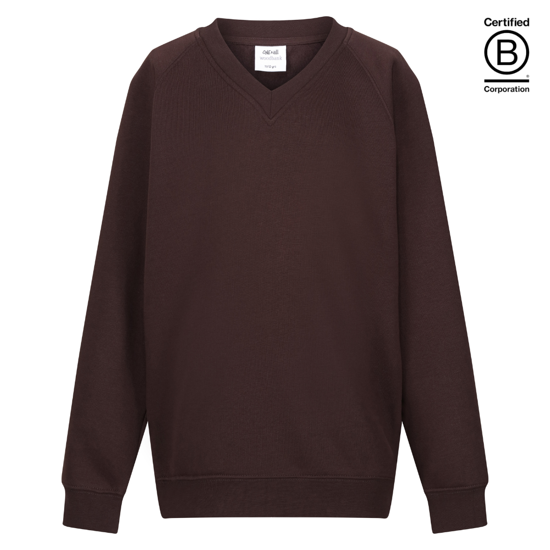 plain brown v-neck school jumper sweatshirts B Corp Certified sustainable ethically produced school uniform