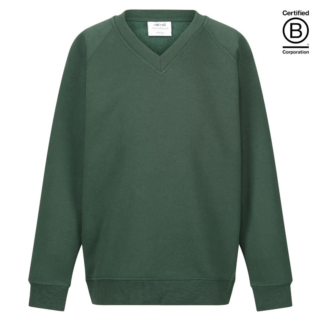 plain green v-neck school jumper sweatshirts B Corp Certified sustainable ethically produced school uniform