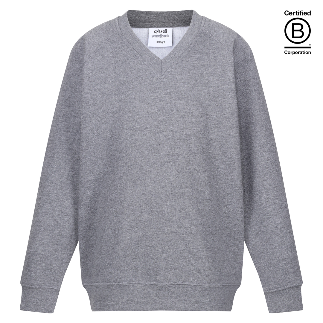 plain grey v-neck school jumper sweatshirts B Corp Certified sustainable ethically produced school uniform