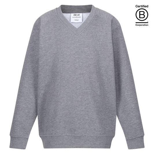 plain grey v-neck school jumper sweatshirts B Corp Certified sustainable ethically produced school uniform