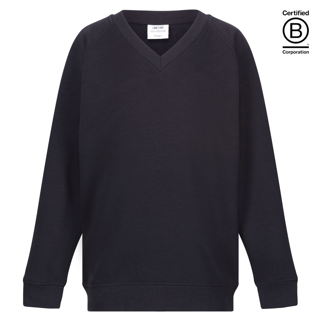 Plain ink dark navy v-neck school jumper sweatshirts B Corp Certified sustainable ethically produced school uniform