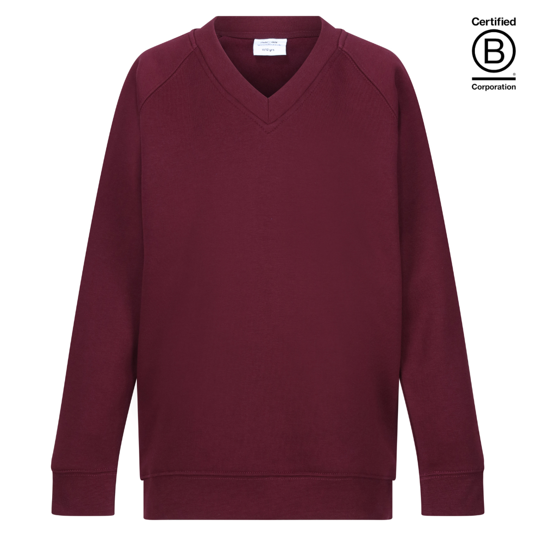 plain maroon v-neck school jumper sweatshirts B Corp Certified sustainable ethically produced school uniform