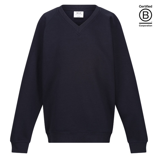 plain navy blue v-neck school jumper sweatshirts B Corp Certified sustainable ethically produced school uniform