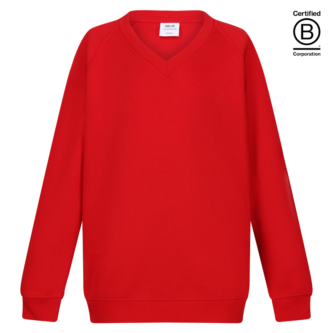 plain red v-neck school jumper sweatshirts B Corp Certified sustainable ethically produced school uniform
