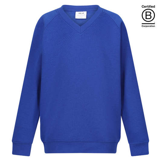 plain royal blue v-neck school jumper sweatshirts B Corp Certified sustainable ethically produced school uniform
