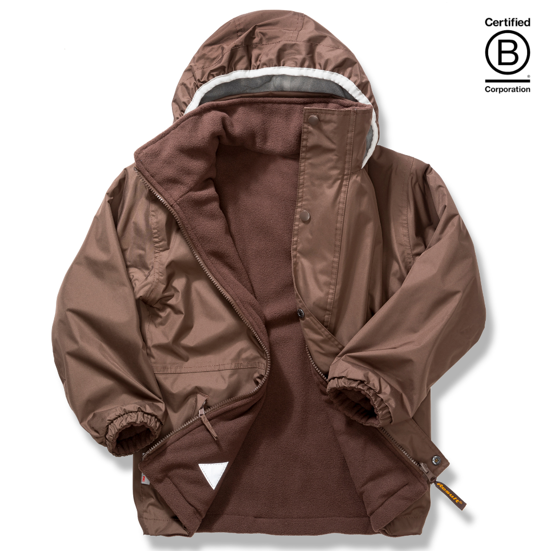 Reversible kids' brown waterproof school coat, jacket, warm anorak