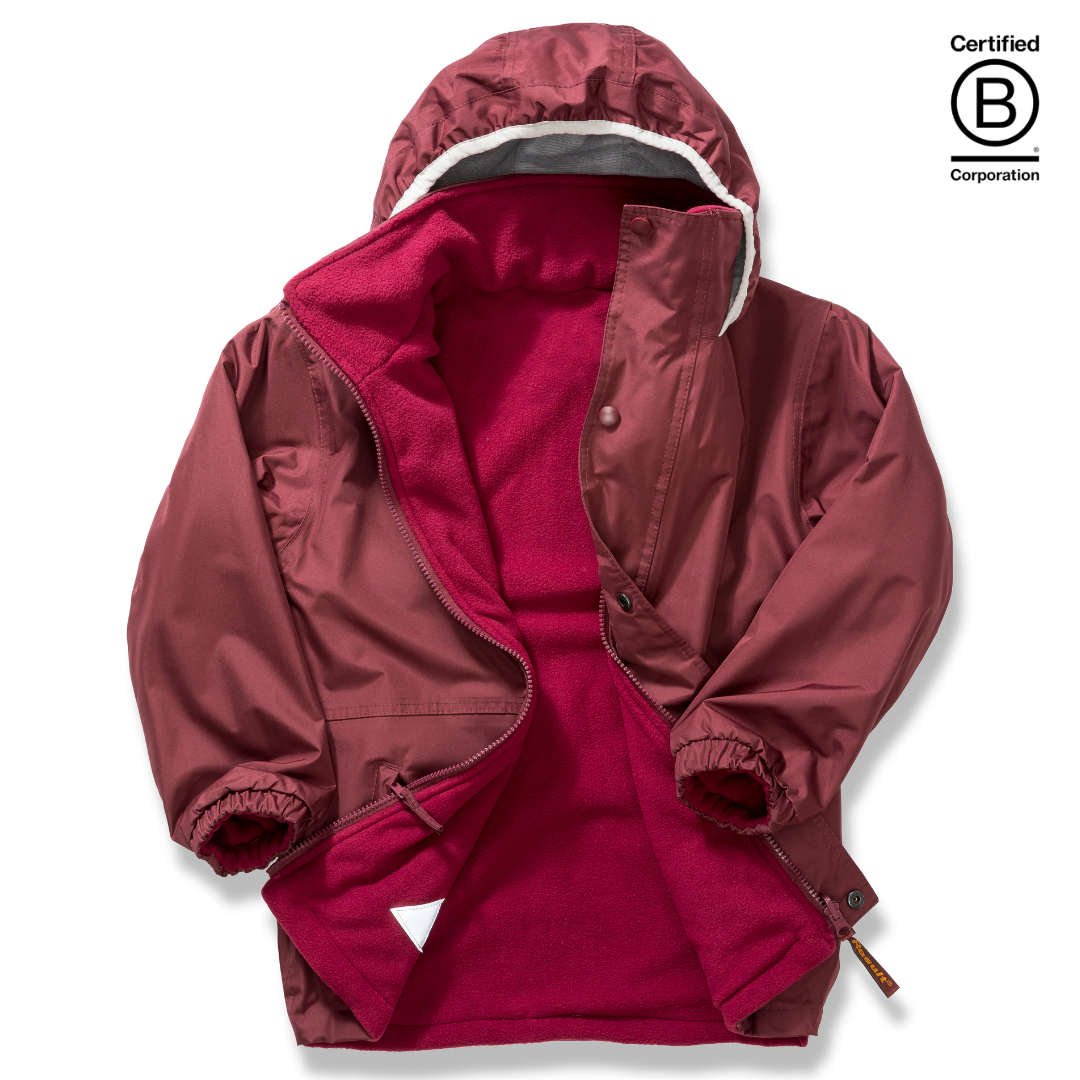 Reversible kids' burgundy waterproof school coat, jacket, warm anorak