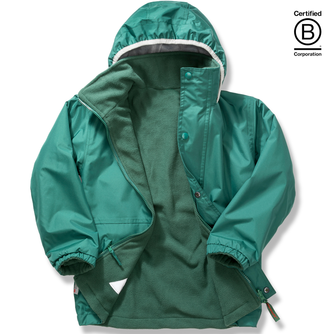 Reversible kids' green waterproof school coat, jacket, warm anorak