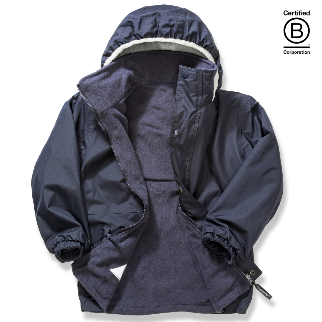 Reversible kids' navy waterproof school coat, jacket, warm anorak