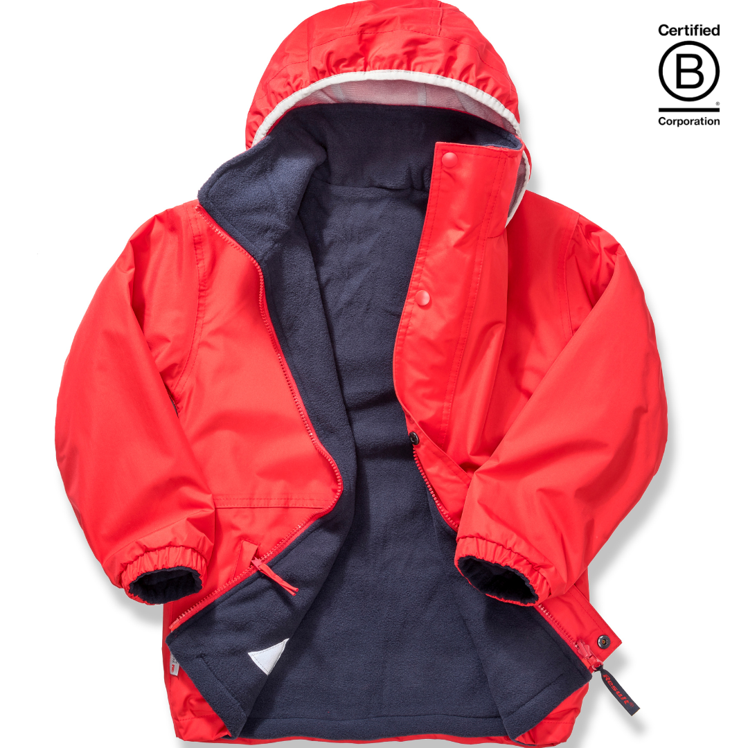 Reversible kids' red waterproof school coat, jacket, warm anorak