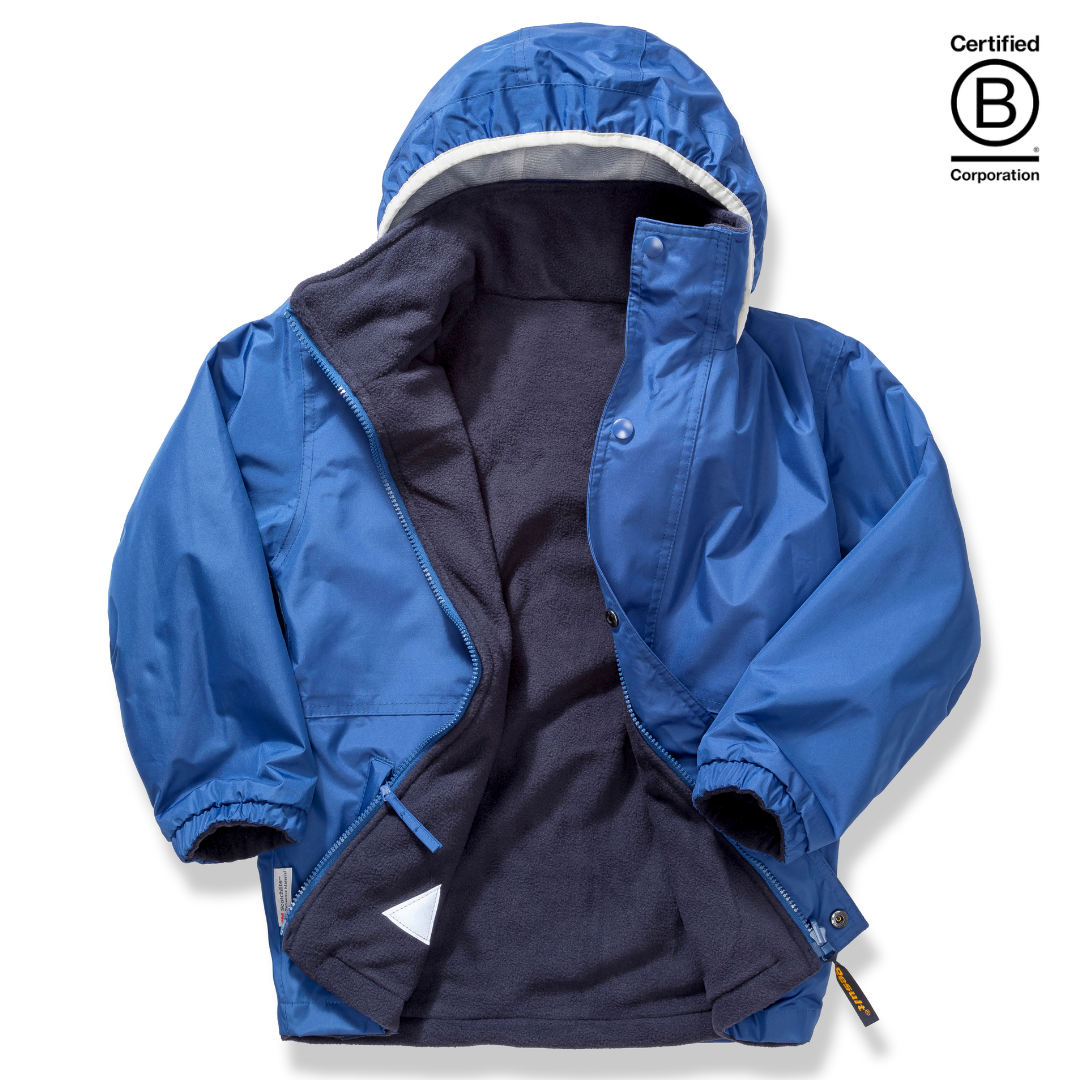 Reversible kids' royal blue waterproof school coat, jacket, warm anorak
