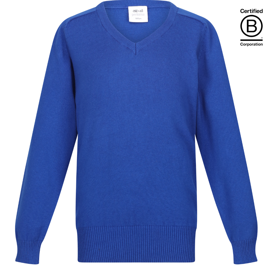 Royal blue school jumper Boys unisex gender neutral Plain Performa cotton v-neck sustainable school pullover