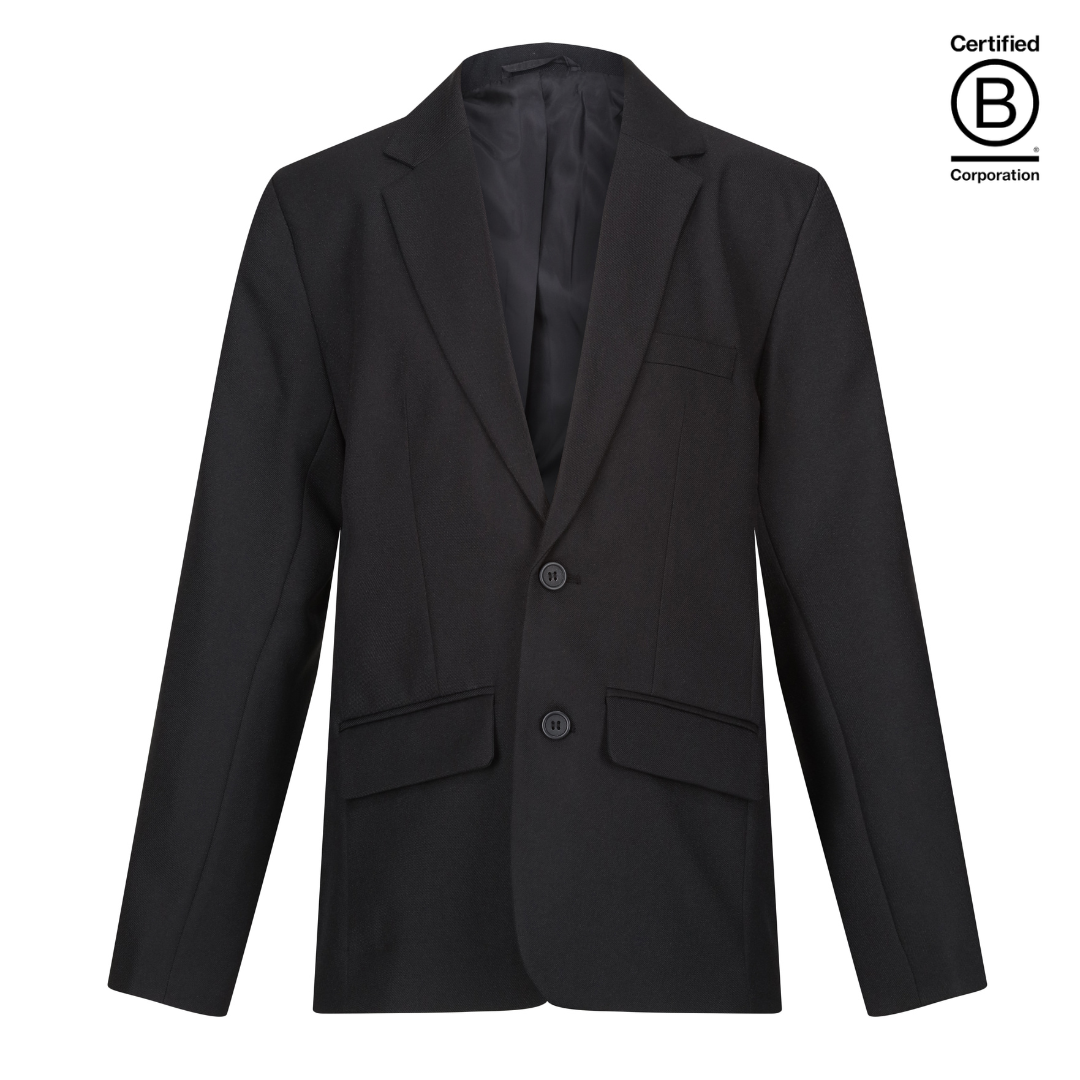 Unisex gender neutral black school suit jacket front - ethical school uniform